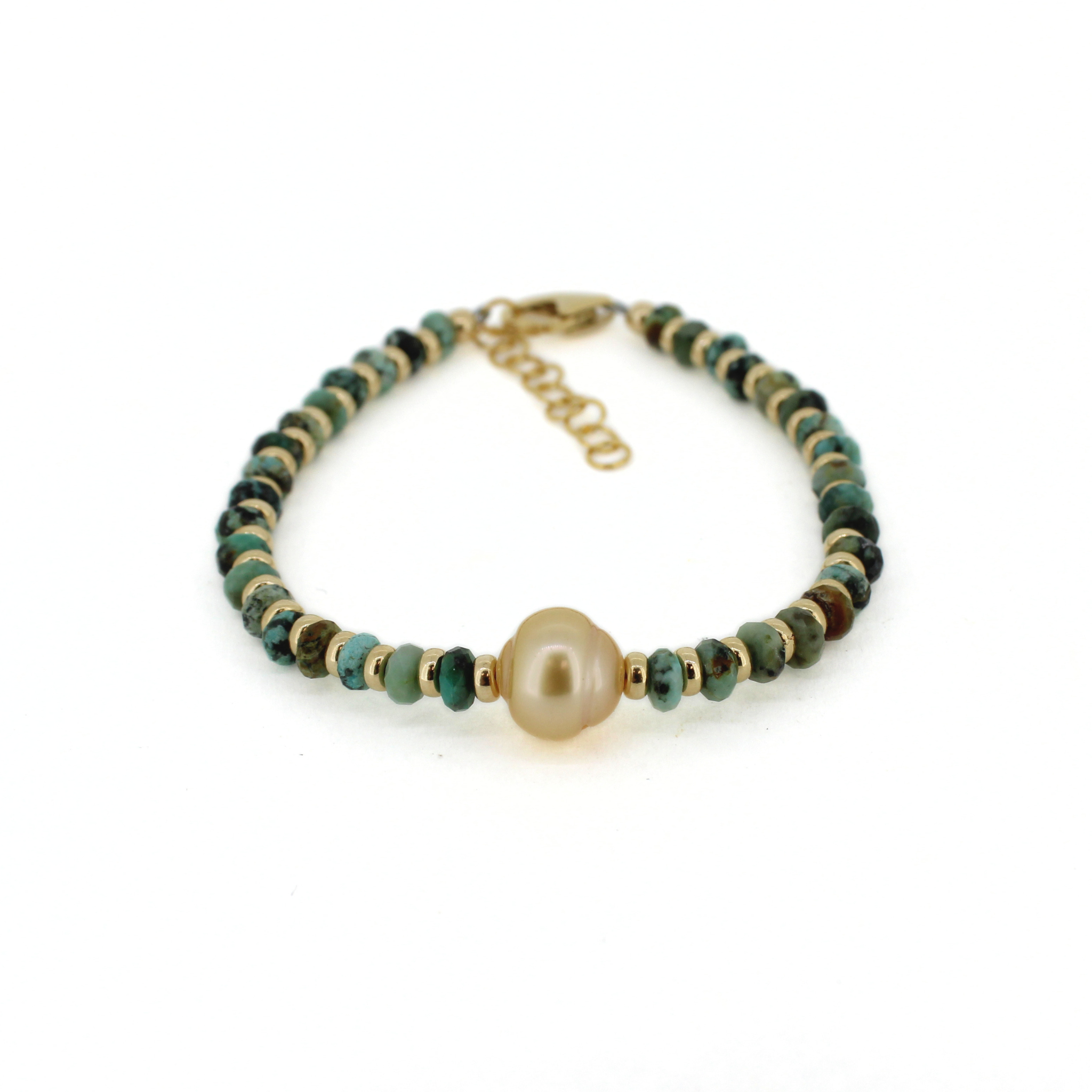 Brianne & Co. 14k gold fill bracelet featuring African turquoise and a golden south sea pearl