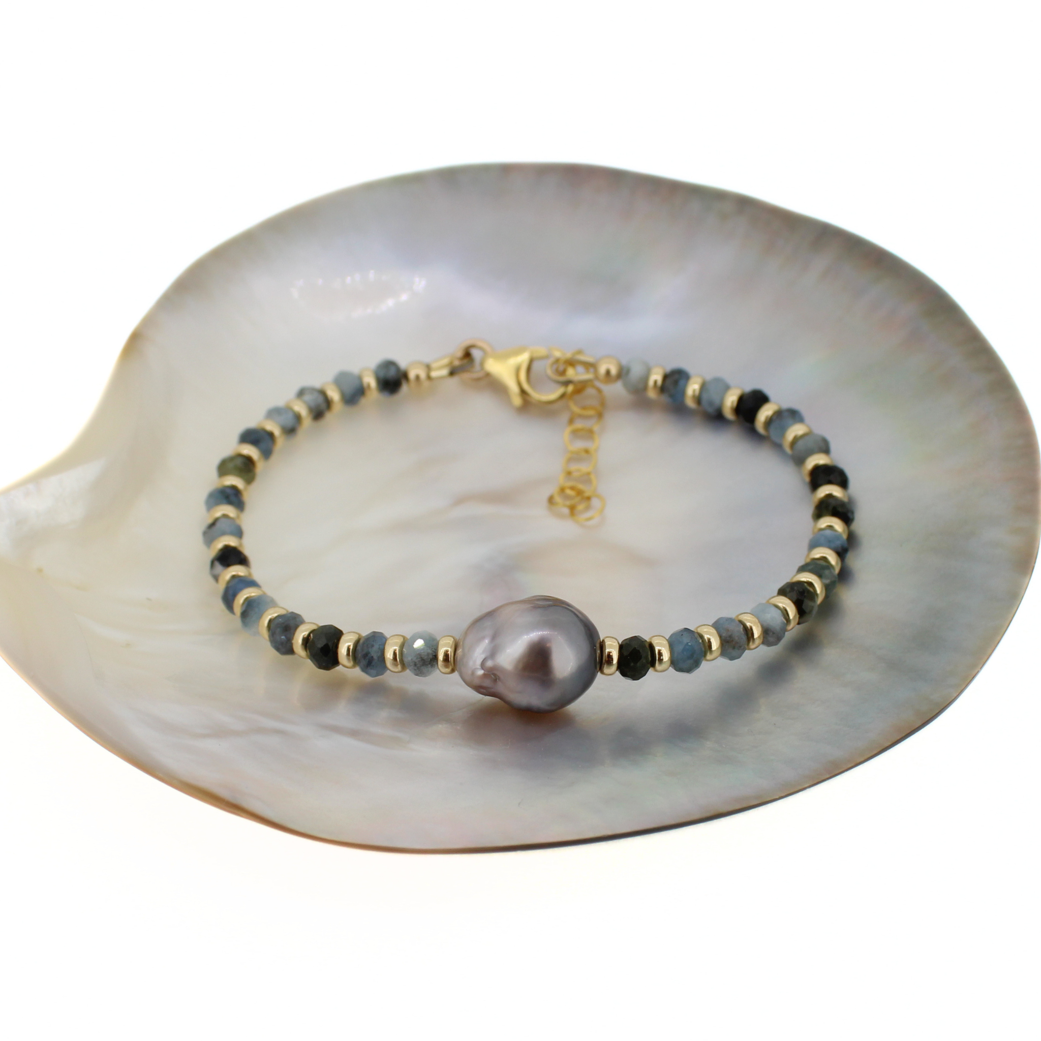 Brianne & Co. 14k gold fill dark blue aquamarine and Tahitian pearl bracelet