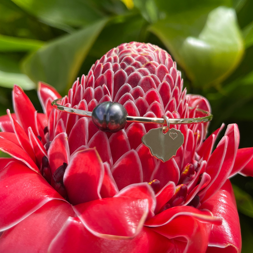 14k gold fill Tahitian pearl bangle bracelet with Kauai island charm handmade by Brianne & Co.