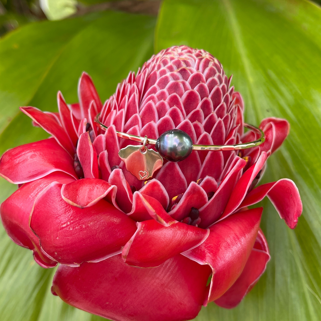 14k gold fill Tahitian pearl bangle bracelet with Kauai island charm handmade by Brianne & Co.