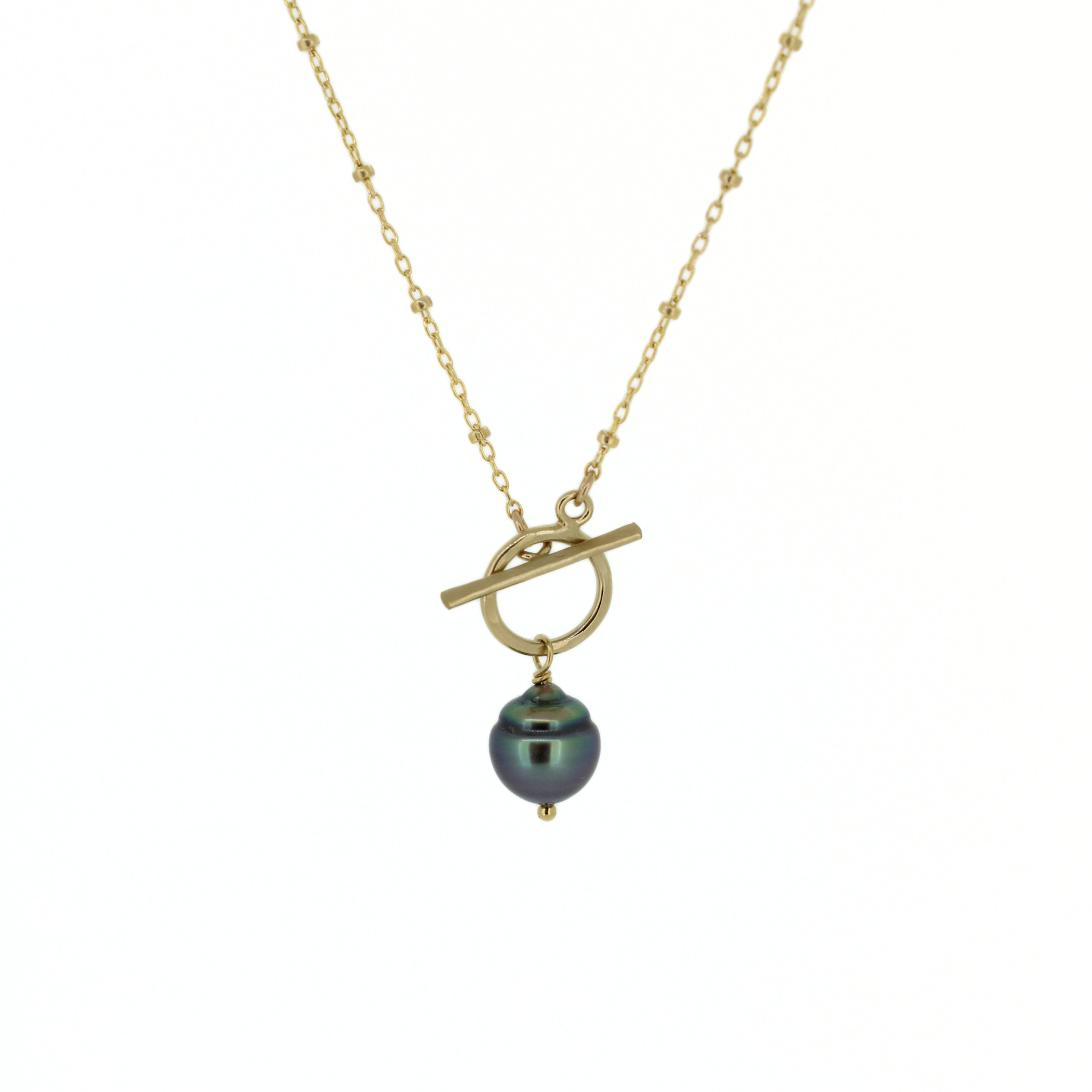 Brianne & Co. 14k gold fill satellite chain featuring a front toggle closure with a genuine Tahitian pearl