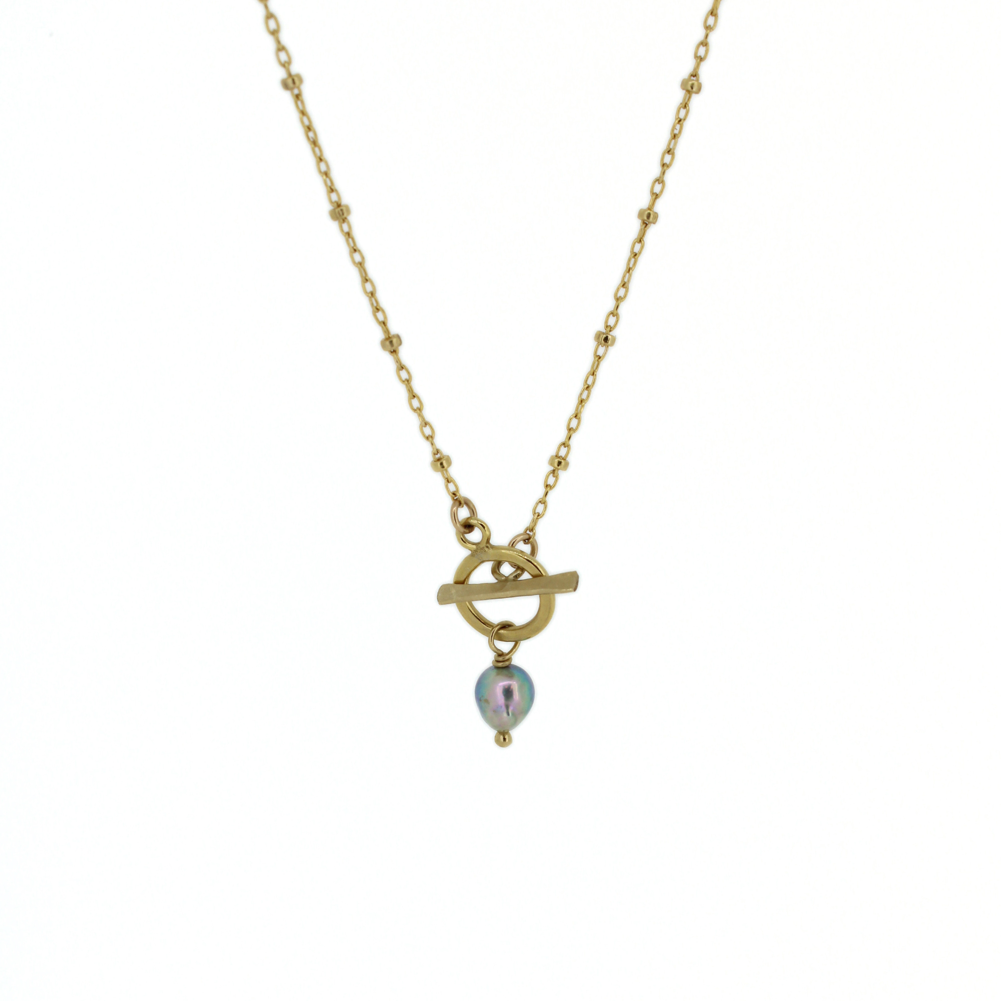 Brianne & Co. 14k gold fill satellite chain necklace with a toggle closure and a genuine tiny blue akoya pearl