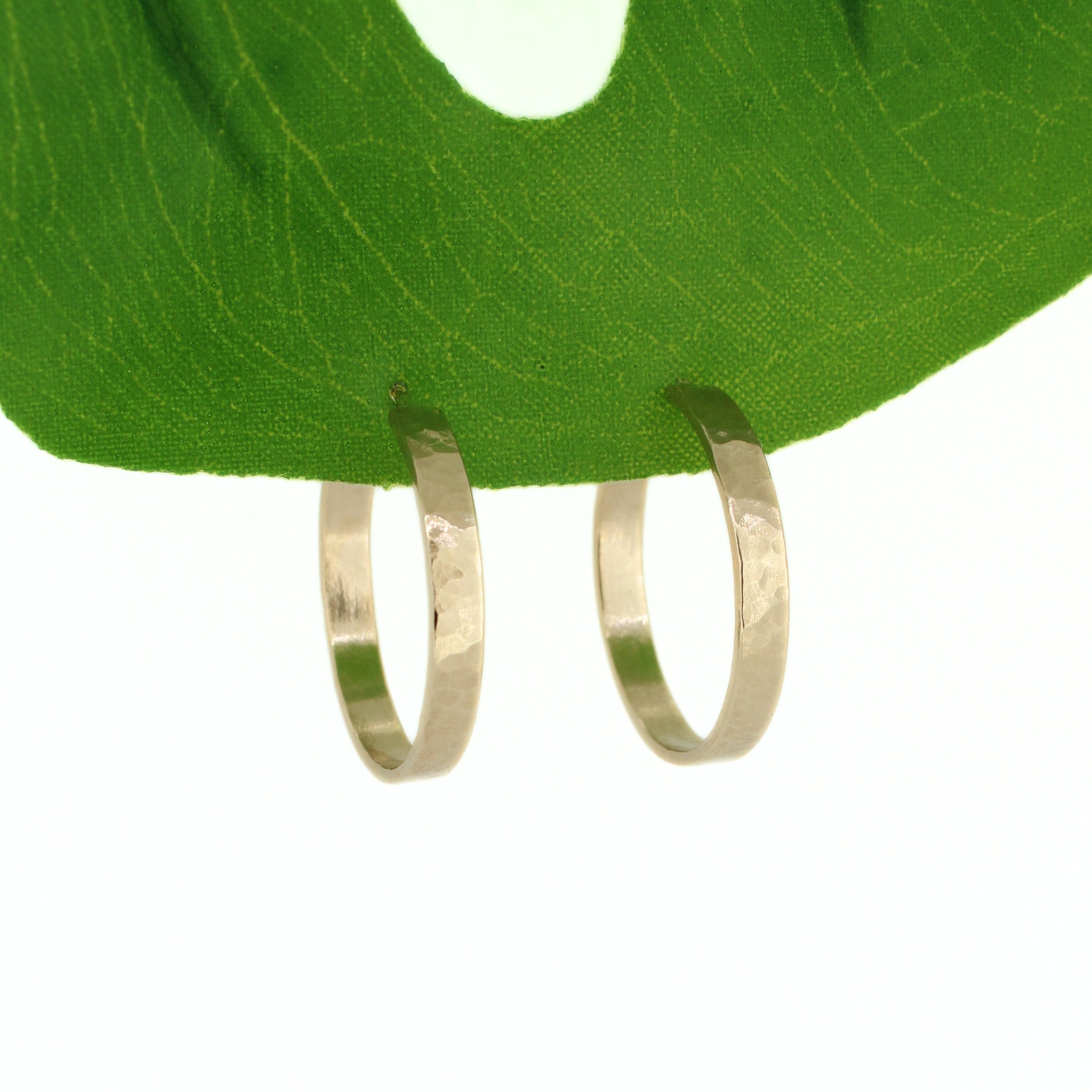 A pair of hammered gold hoop earrings hanging from a green leaf against a white background. Handmade in Hawaii by Brianne & Co.