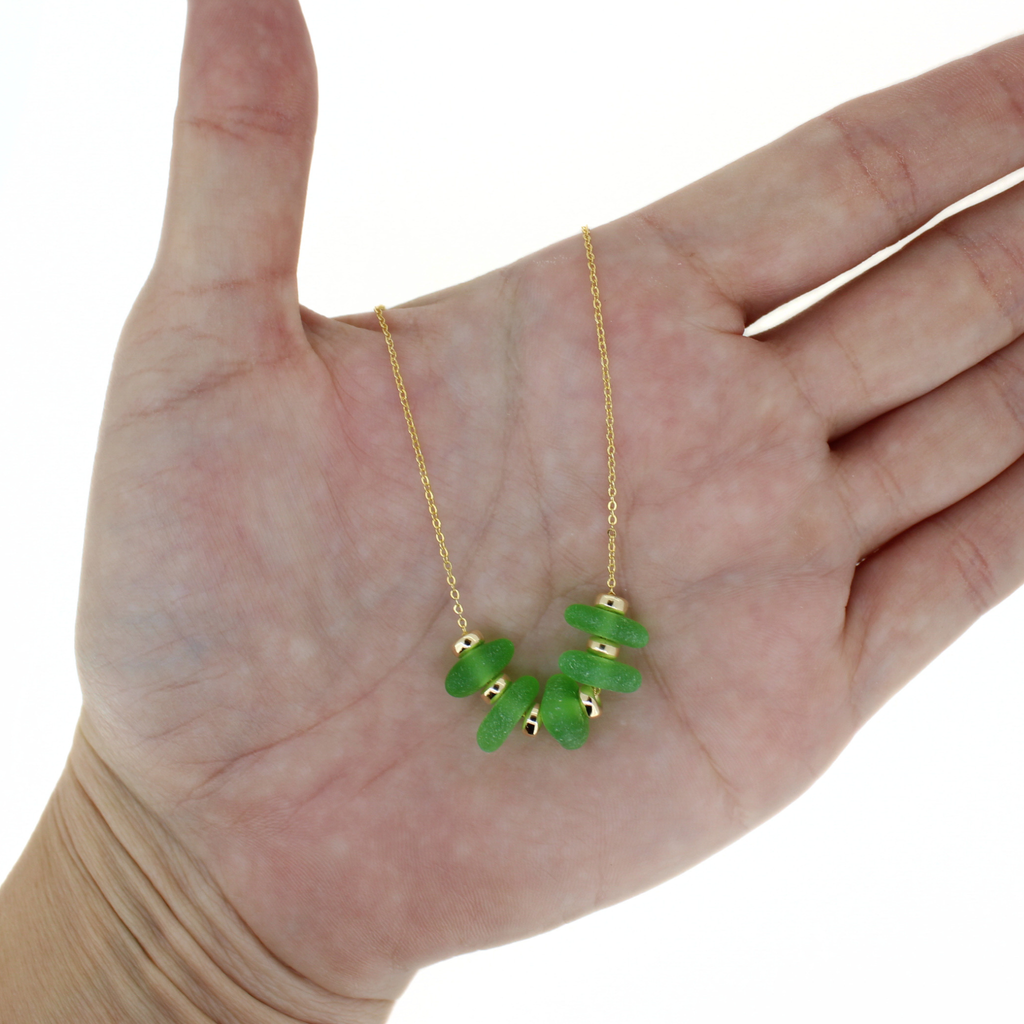 Gold Fill Kelly Green Sea Glass Floating Necklace 18"-19"