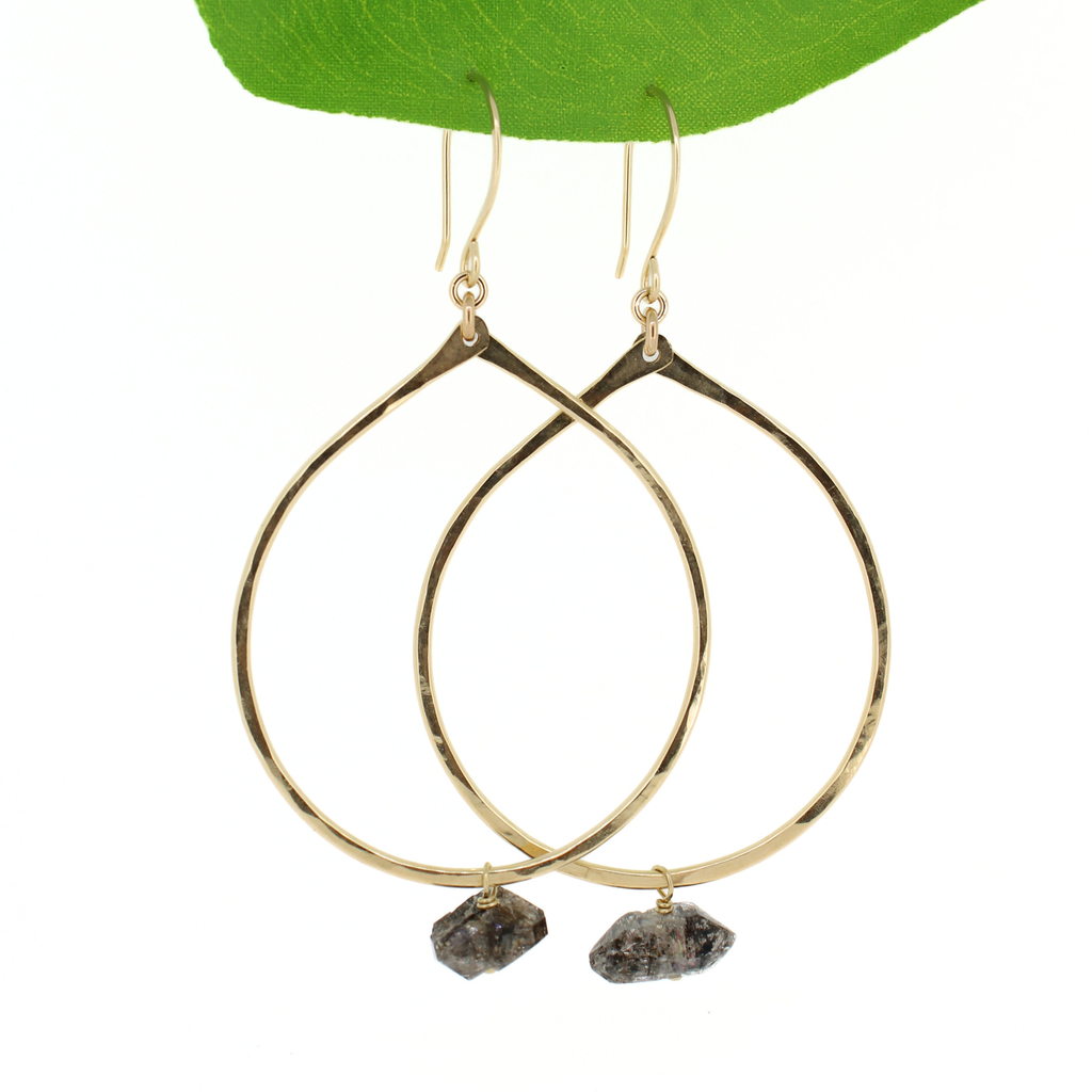 Brianne & co. 14k gold fill large tear drop hoop earrings featuring chunky Herkimer diamonds