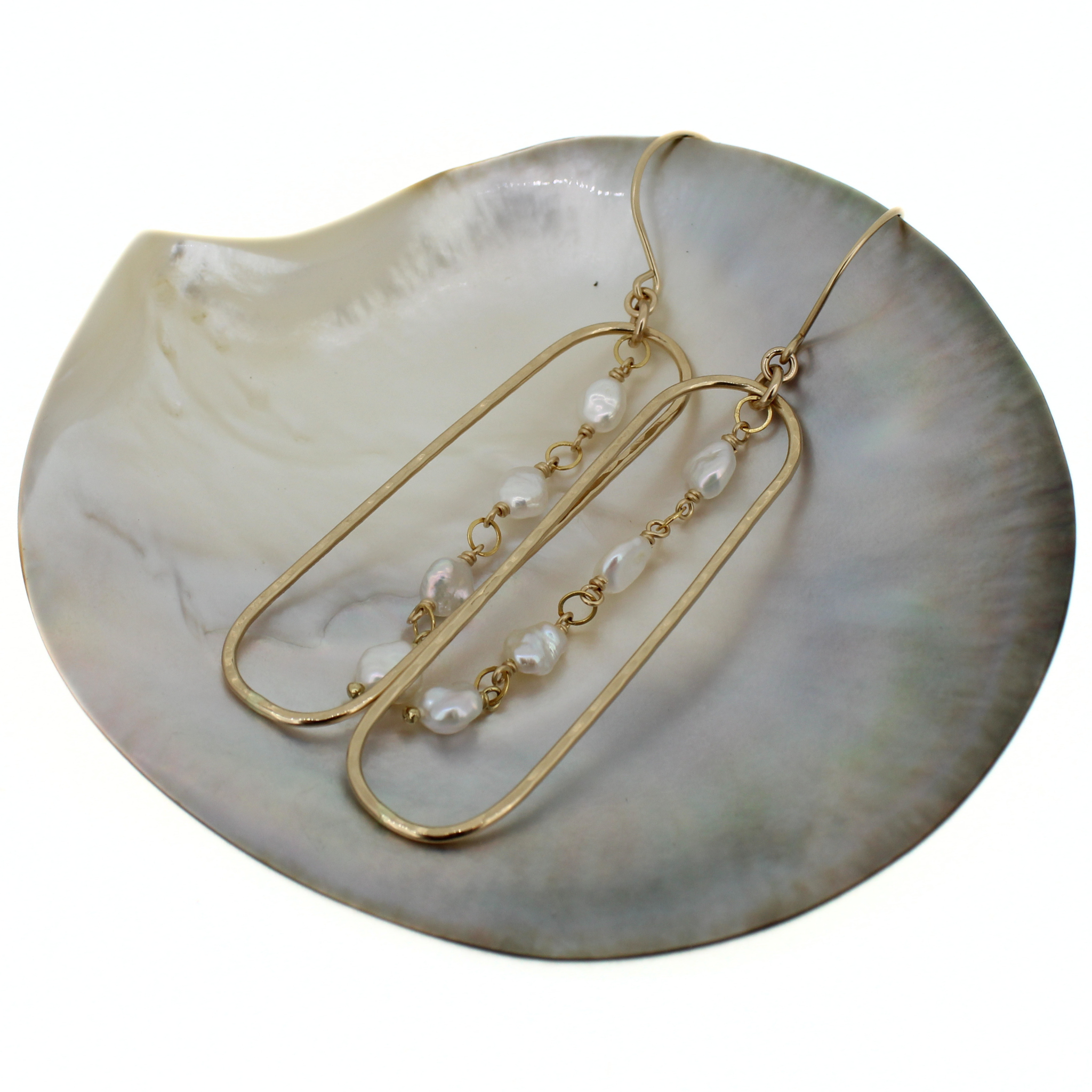 Gold Keshi Pearl Long Oval Hoop Earring