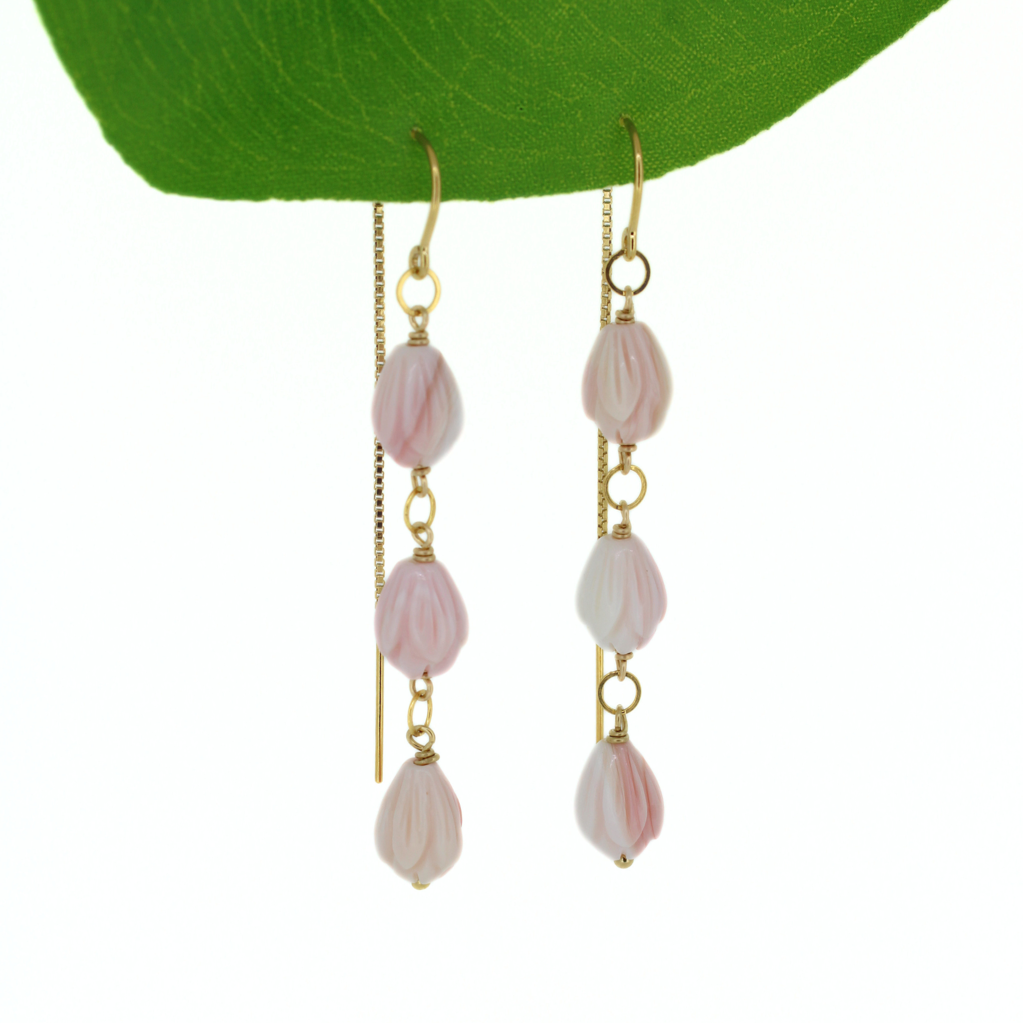 Brianne & Co. 14k gold fill threader style earrings featuring pink and white hand carved conch shell pikake flower beads