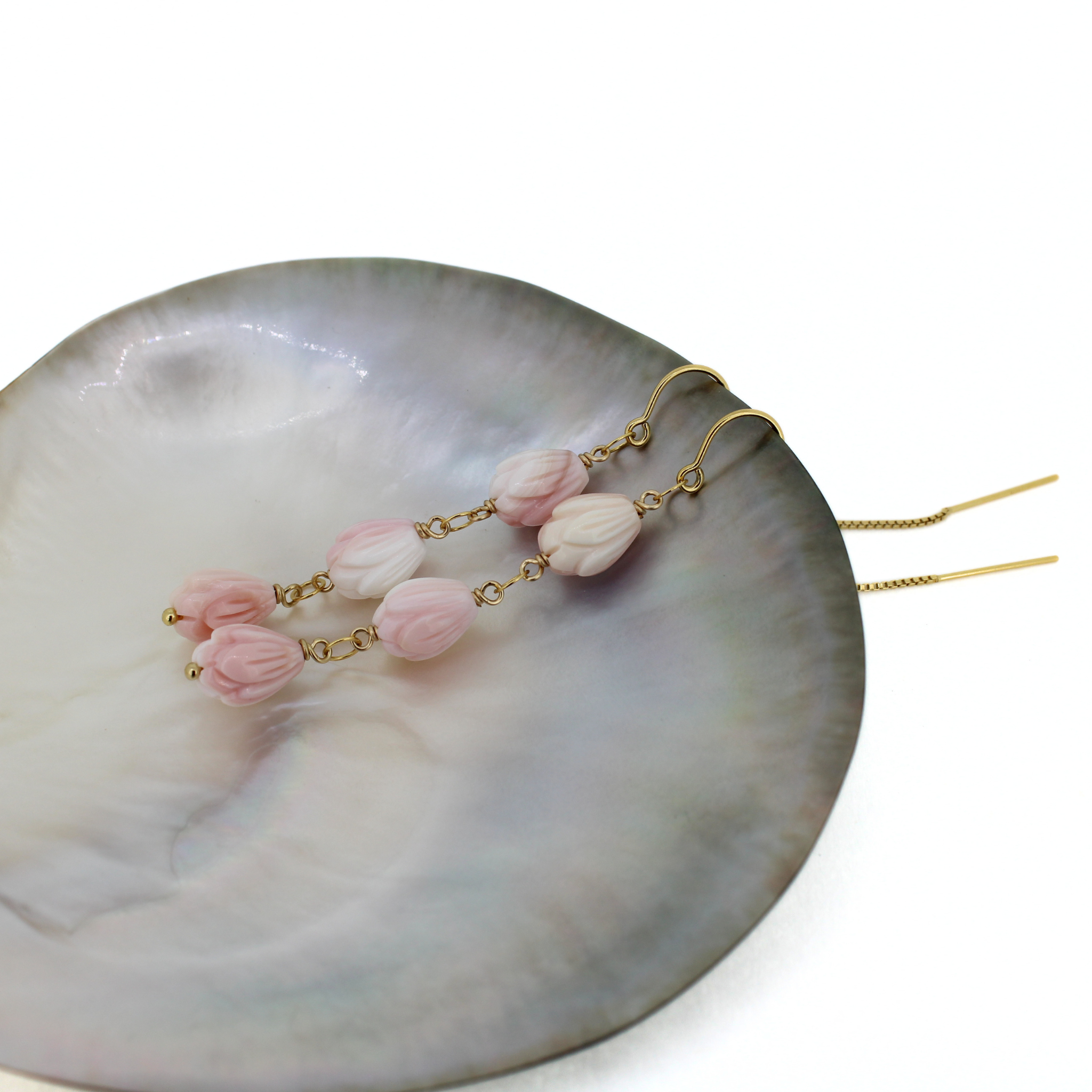 Gold Pikake Flower Conch Shell Threader Earrings