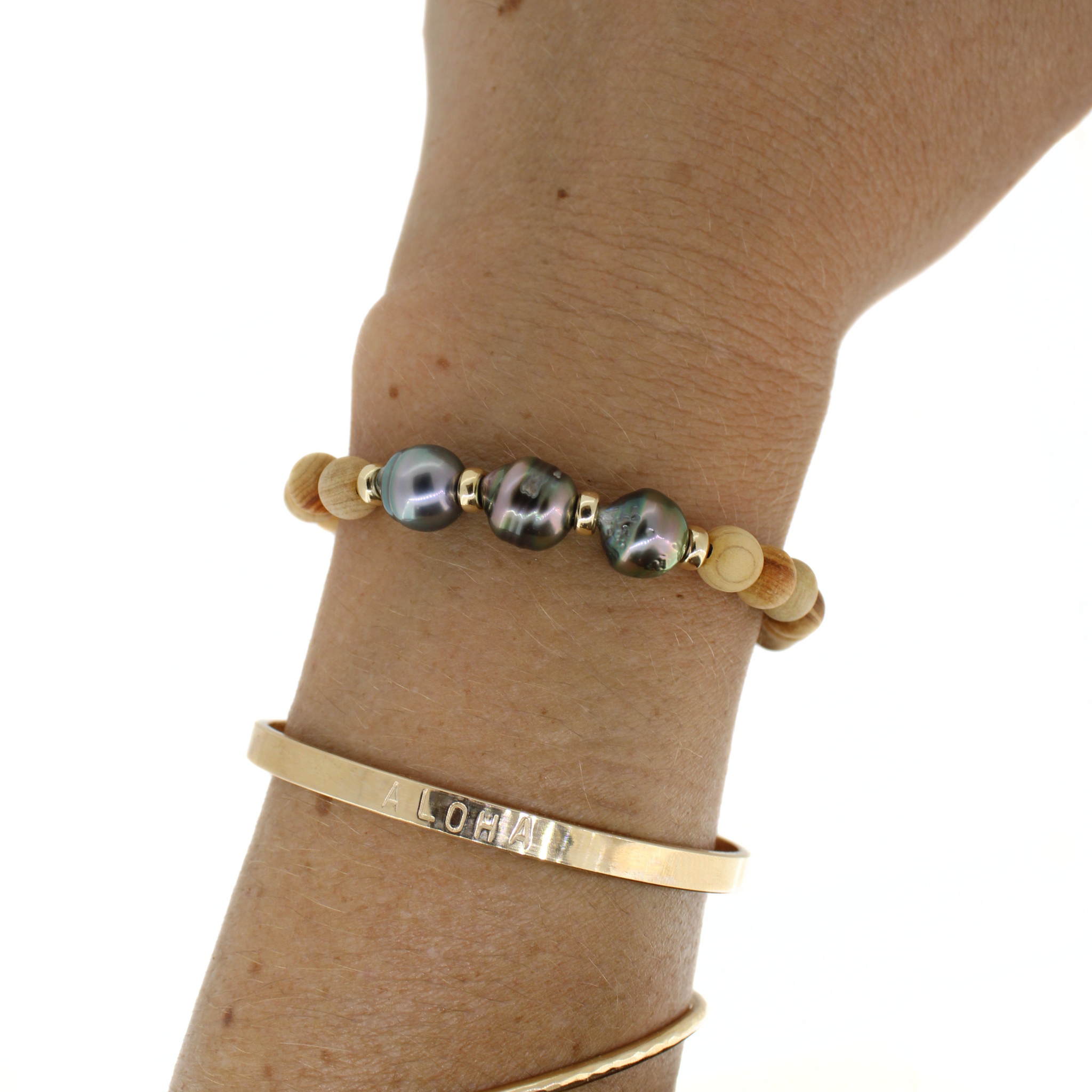 Triple Tahitian Pearl Sandalwood Bracelet Size Medium