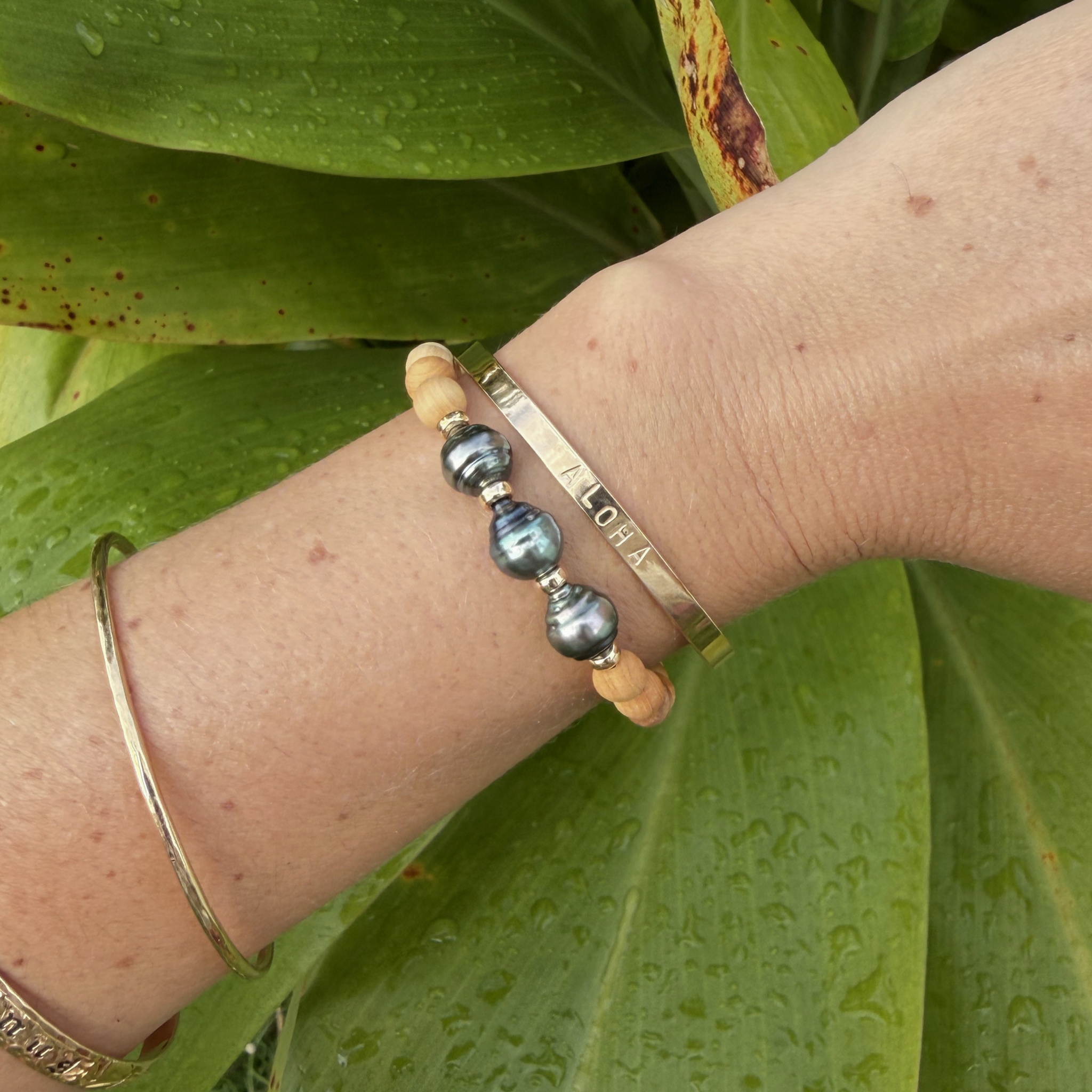 Triple Tahitian Pearl Sandalwood Bracelet Size Small