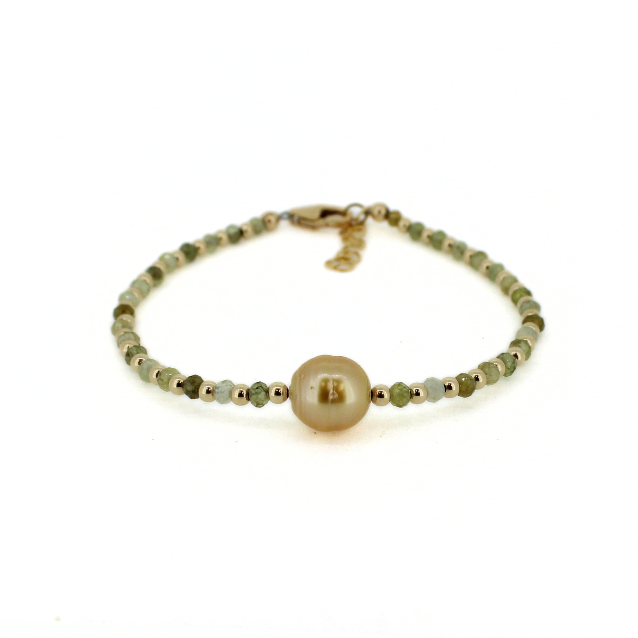 Green Garnet and Golden South Sea Pearl Bracelet Size Medium