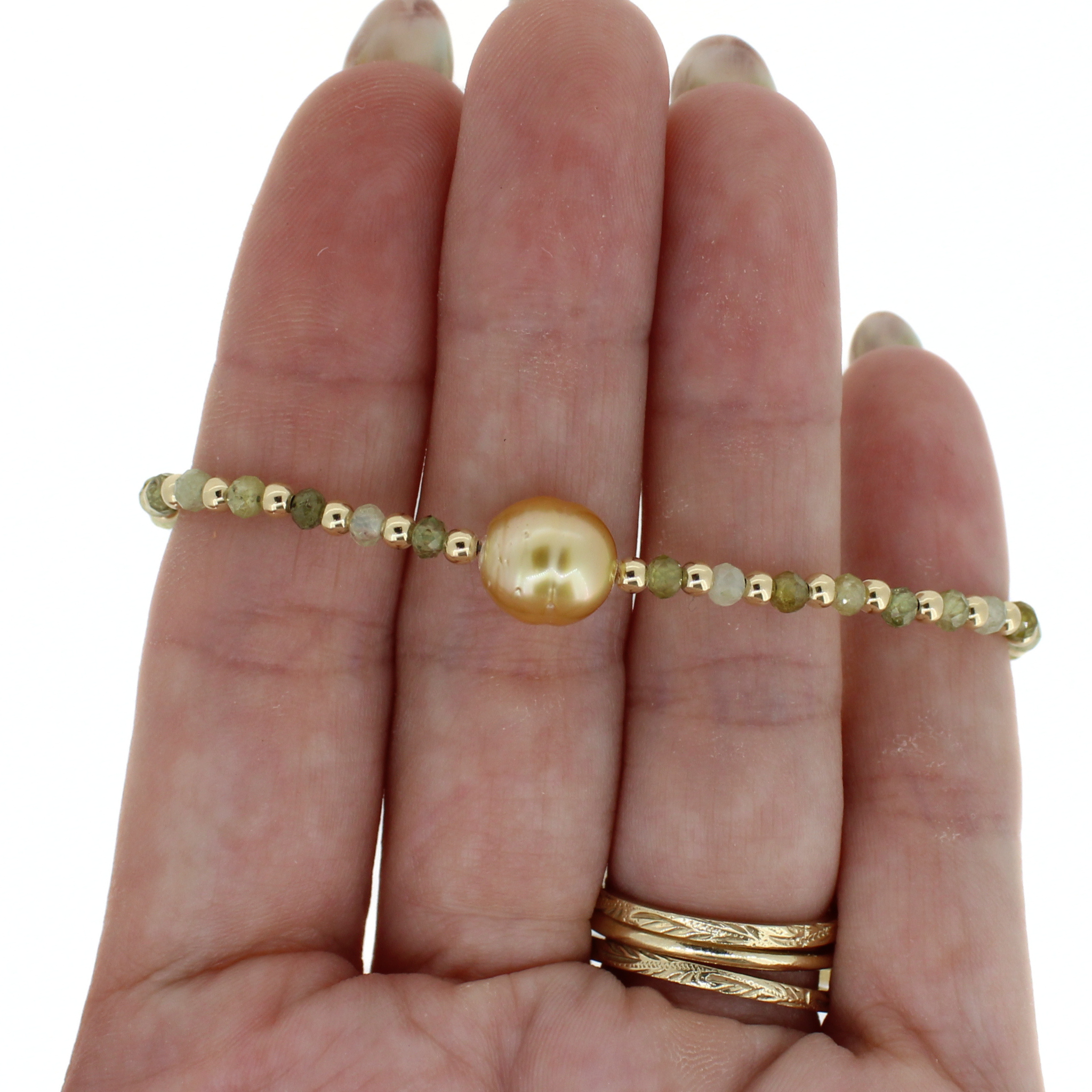 Green Garnet and Golden South Sea Pearl Bracelet Size Medium