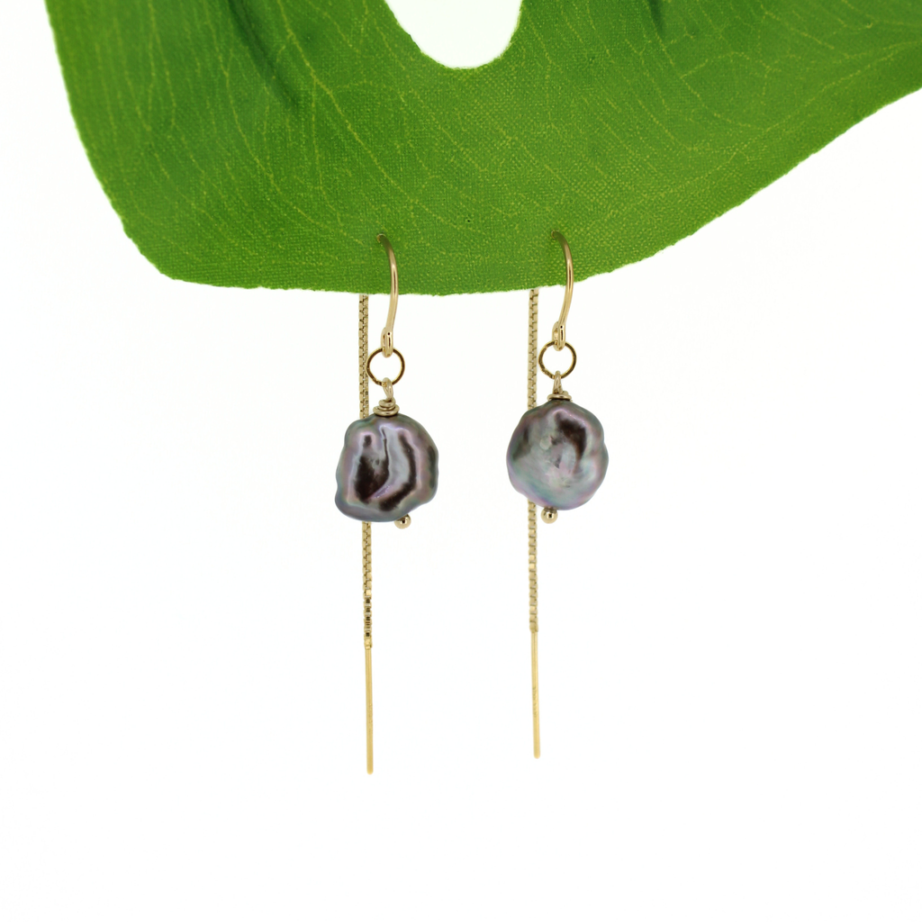 Brianne & Co. 14k gold fill threader earrings with large Tahitian keshi pearls