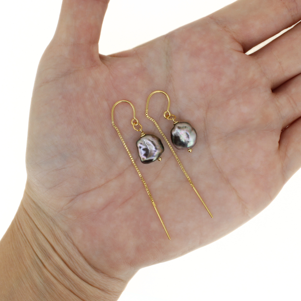 14k Gold Fill Threader Earrings with Large Tahitian Keshi Pearls