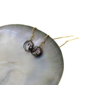 14k Gold Fill Threader Earrings with Large Tahitian Keshi Pearls