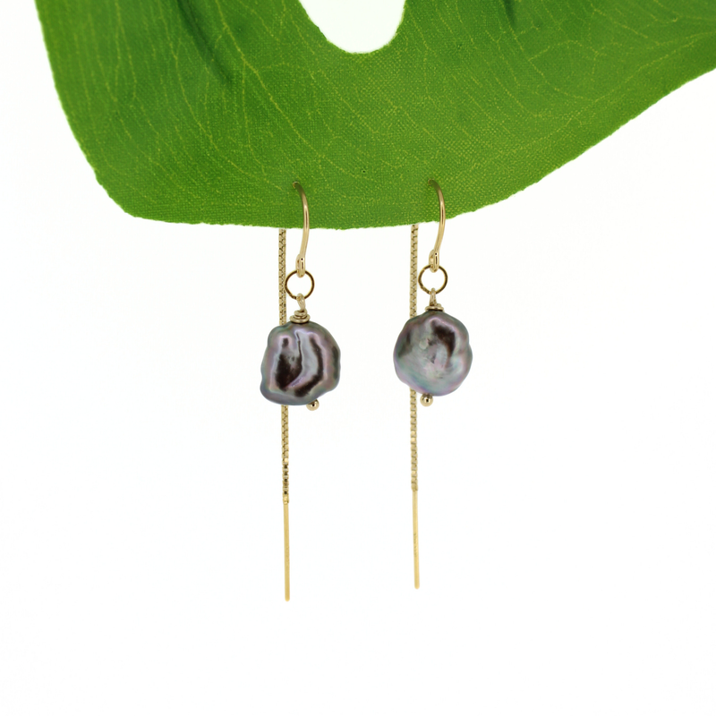 Brianne & Co. 14k gold fill threader earrings with large Tahitian keshi pearls