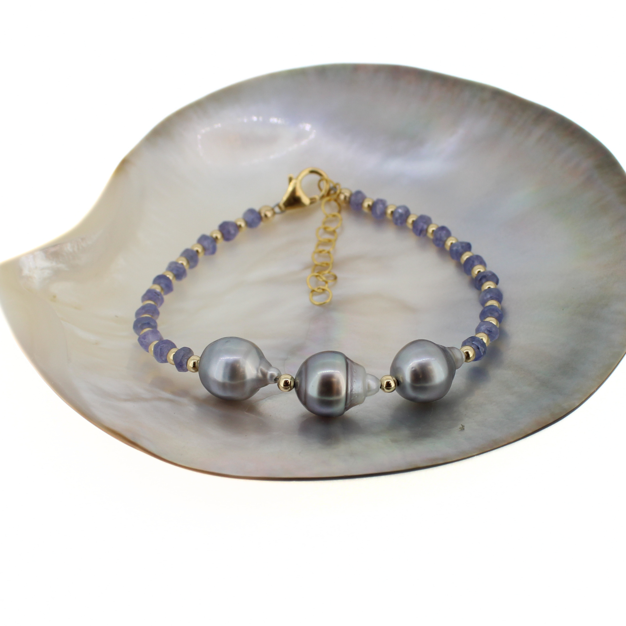 Brianne & Co. 14k gold fill Tanzanite bracelet featuring three genuine baroque Tahitian pearls