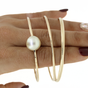 Gold Filled Bangle Bracelet Set–South Sea Pearl, Hammered Bangle & Smooth Bangle (Size 8)