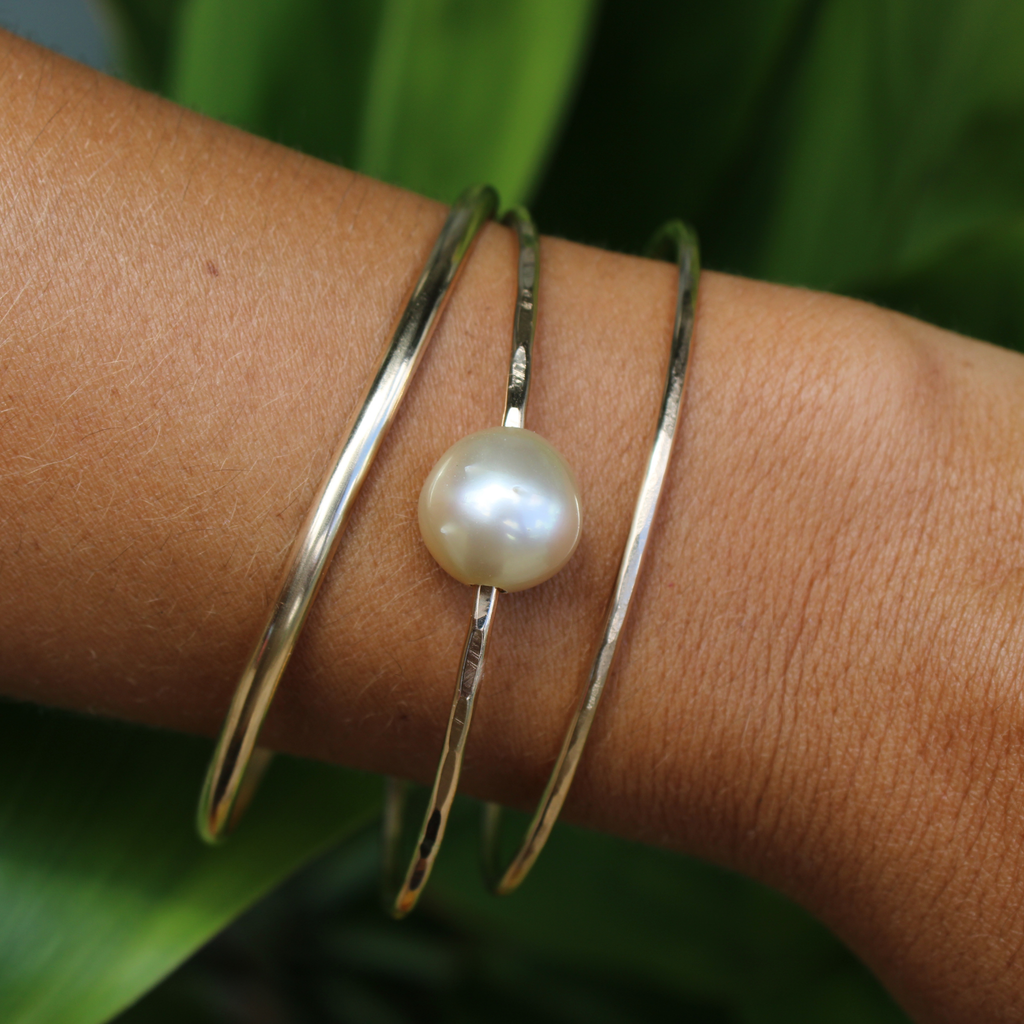14k gold fill triple bangle set featuring a golden south sea pearl handmade on Kauai by Brianne & Co.