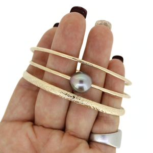 Gold Filled Bangle Bracelet Set–Tahitian Pearl, Kaua‘i Island Charm & Floral Engraved Heirloom Design (Size 8)