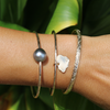Gold Filled Bangle Bracelet Set–Tahitian Pearl, Kaua‘i Island Charm & Floral Engraved Heirloom Design (Size 8)