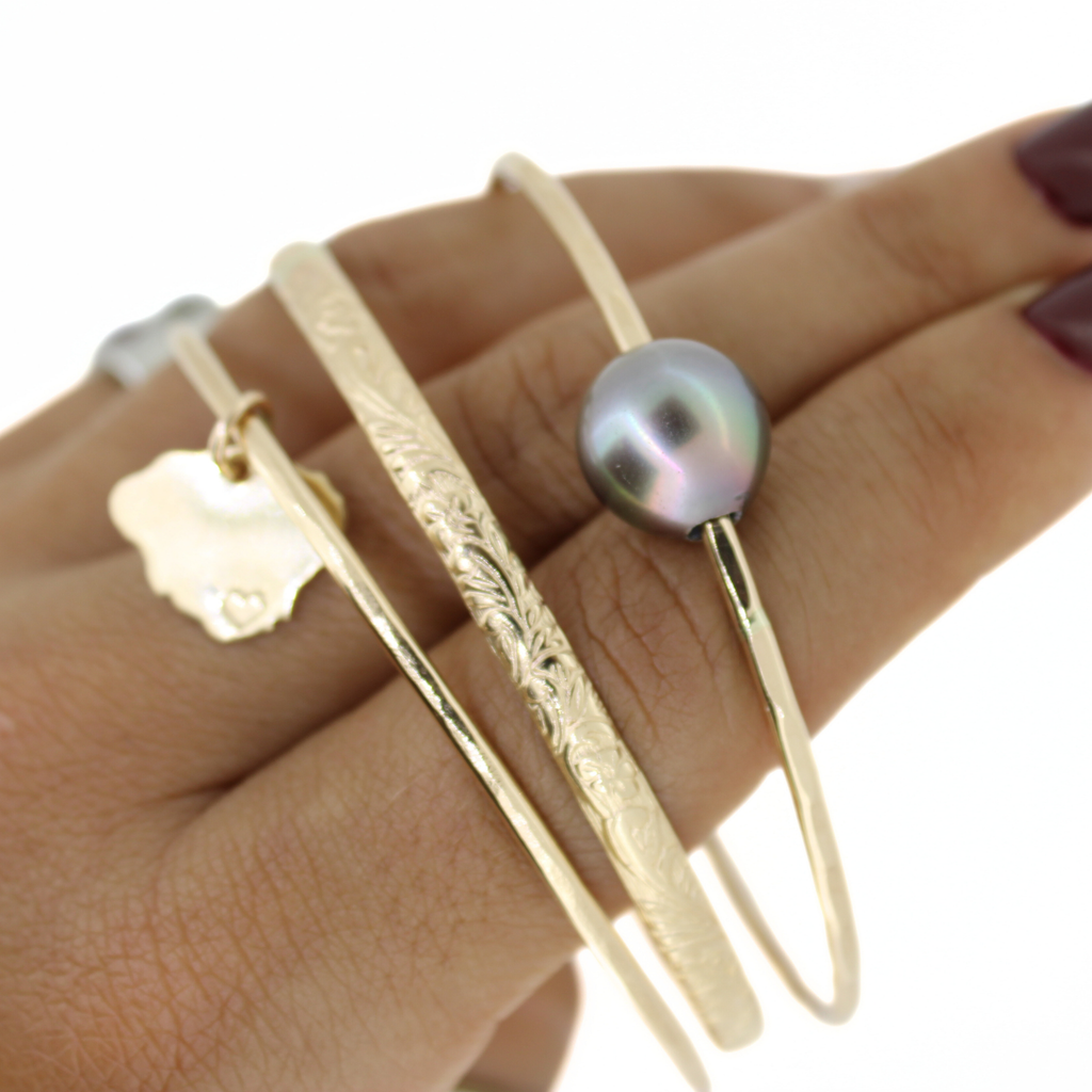 14k gold fill triple bangle bracelet set featuring a Tahitian pearl, Kauai island charm and our popular floral bangle handmade on Kauai by Brianne & Co.