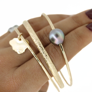 14k gold fill triple bangle bracelet set featuring a Tahitian pearl, Kauai island charm and our popular floral bangle handmade on Kauai by Brianne & Co.