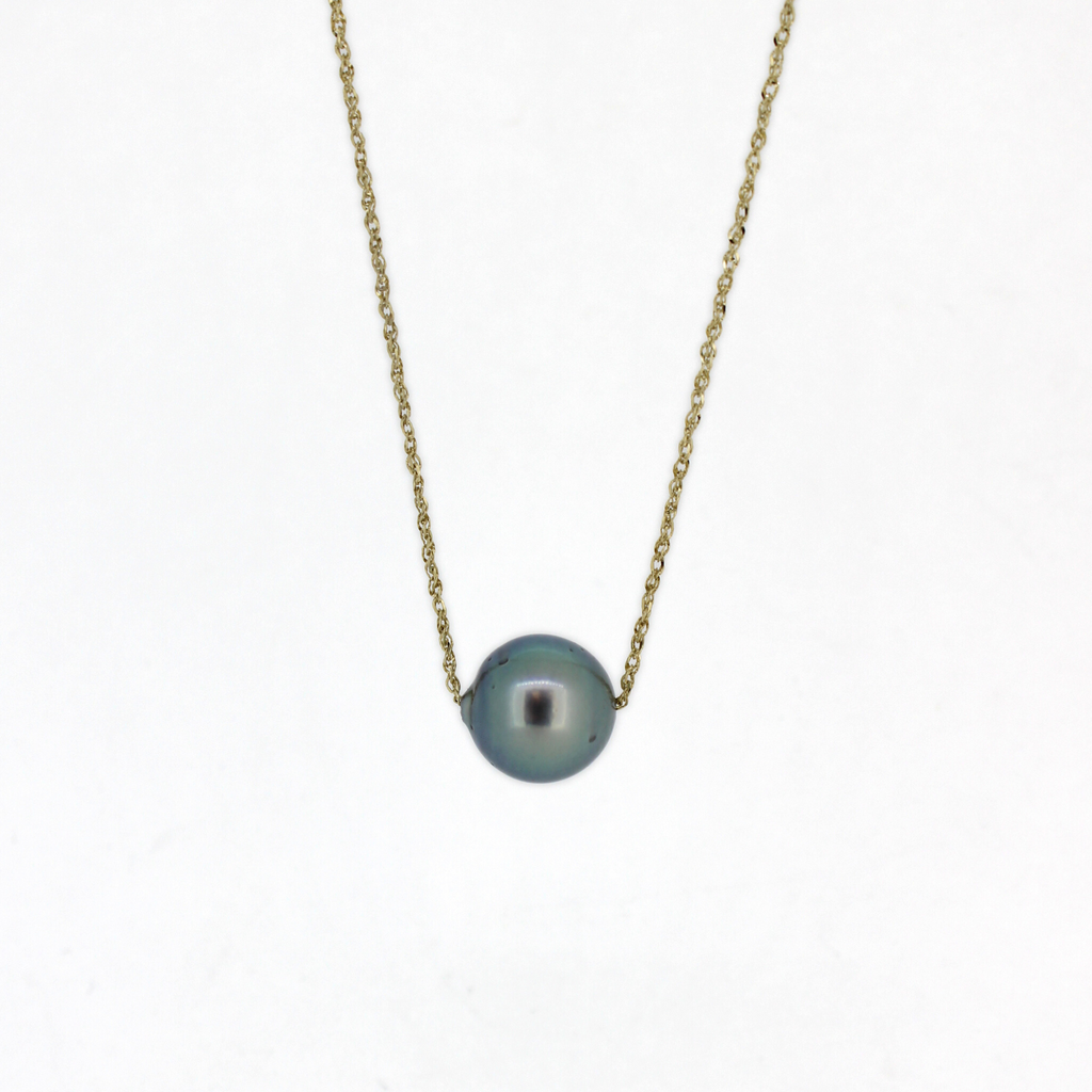 14K Gold Blue Tahitian Pearl Floating Necklace on a baby rope chain