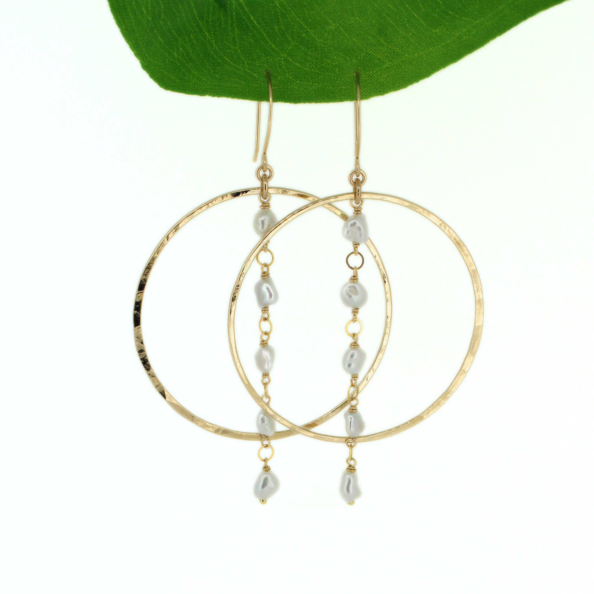 Brianne & Co. 14k gold fill round hoop earrings featuring white Edison keshi pearls