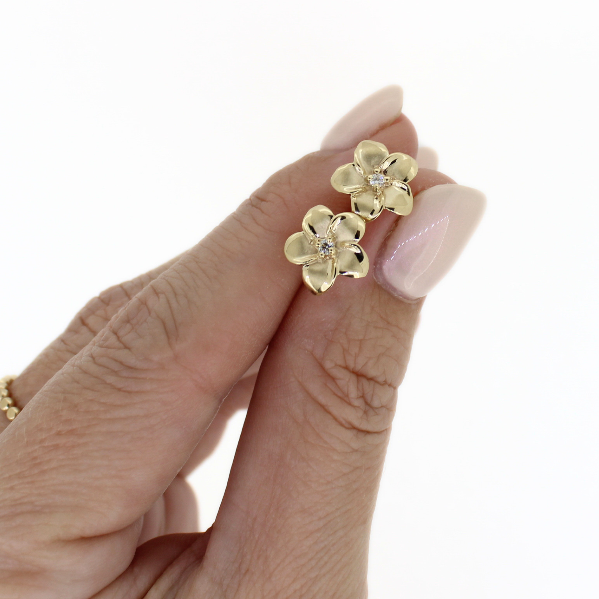 14K Gold Medium Plumeria Earring w/ Diamond