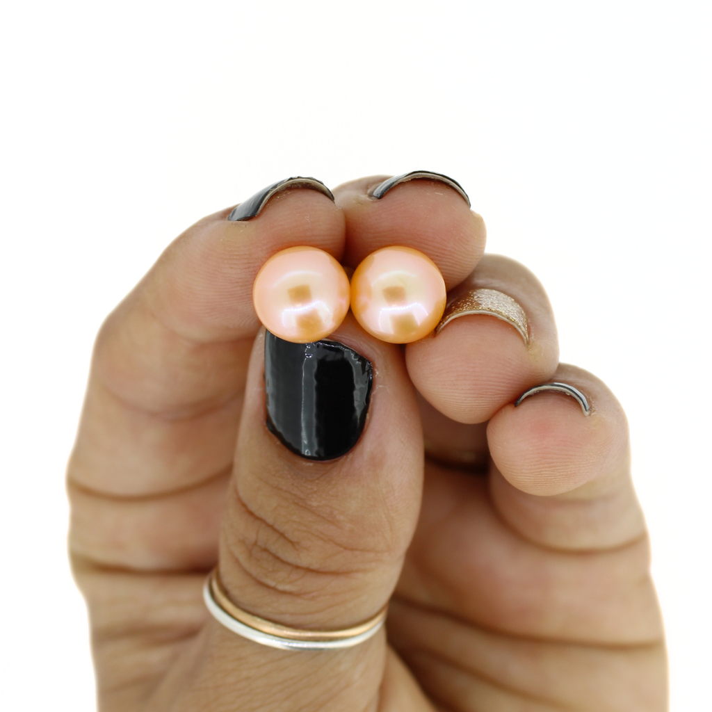Brianne & Co. 14k gold peach colored Edison pearl stud earrings