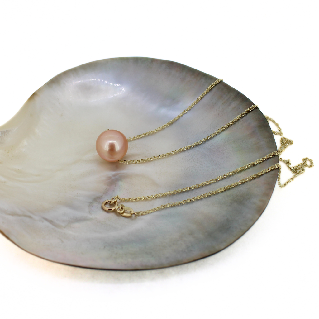 14k Gold Peachy Pink Edison Pearl Floating Necklace 18"