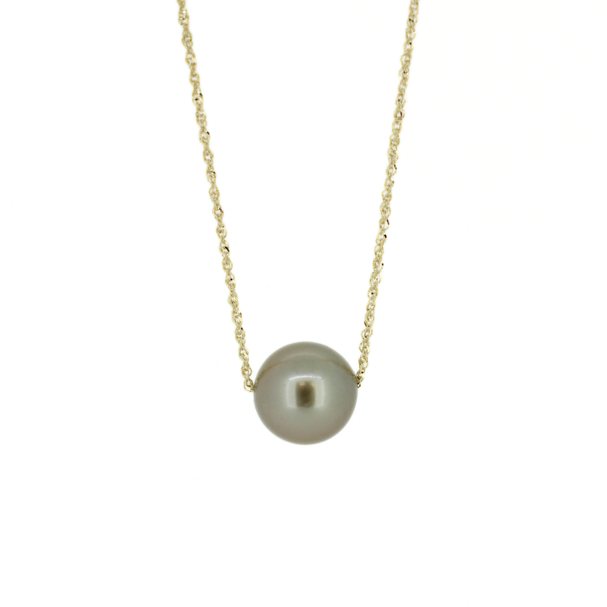 Brianne & Co. 14k gold baby rope chain necklace featuring a genuine light green Tahitian pearl