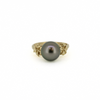 Brianne & Co. 14k gold ring featuring a genuine Tahitian pearl with two little plumeria flowers on either side