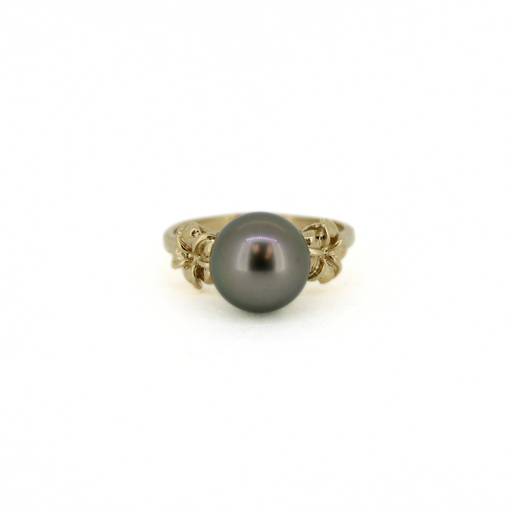 Brianne & Co. 14k gold ring featuring a genuine Tahitian pearl with two little plumeria flowers on either side