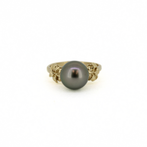 Brianne & Co. 14k gold ring featuring a genuine Tahitian pearl with two little plumeria flowers on either side