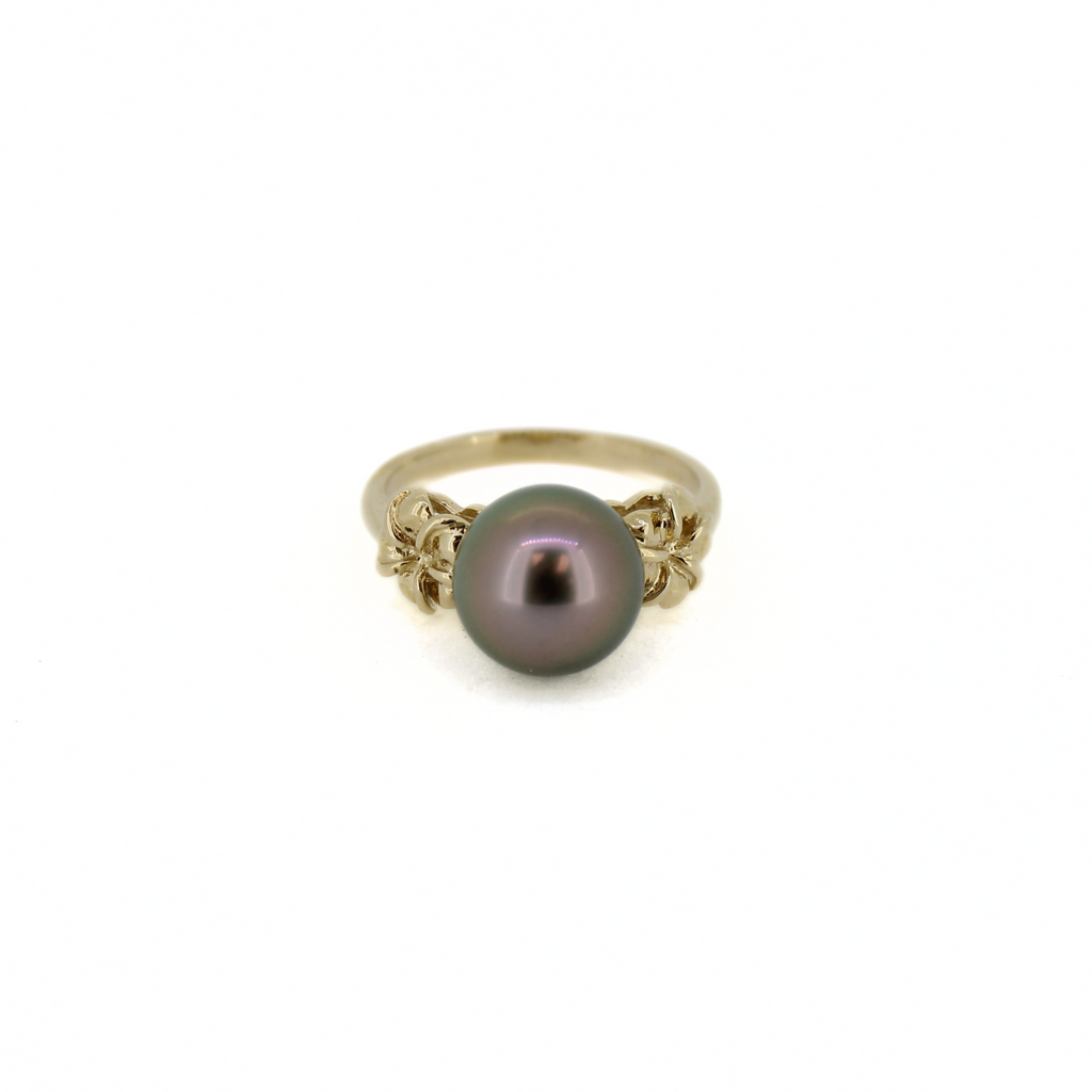 Brianne & Co. 14k gold ring featuring a flawless Tahitian pearl between two little plumeria flowers