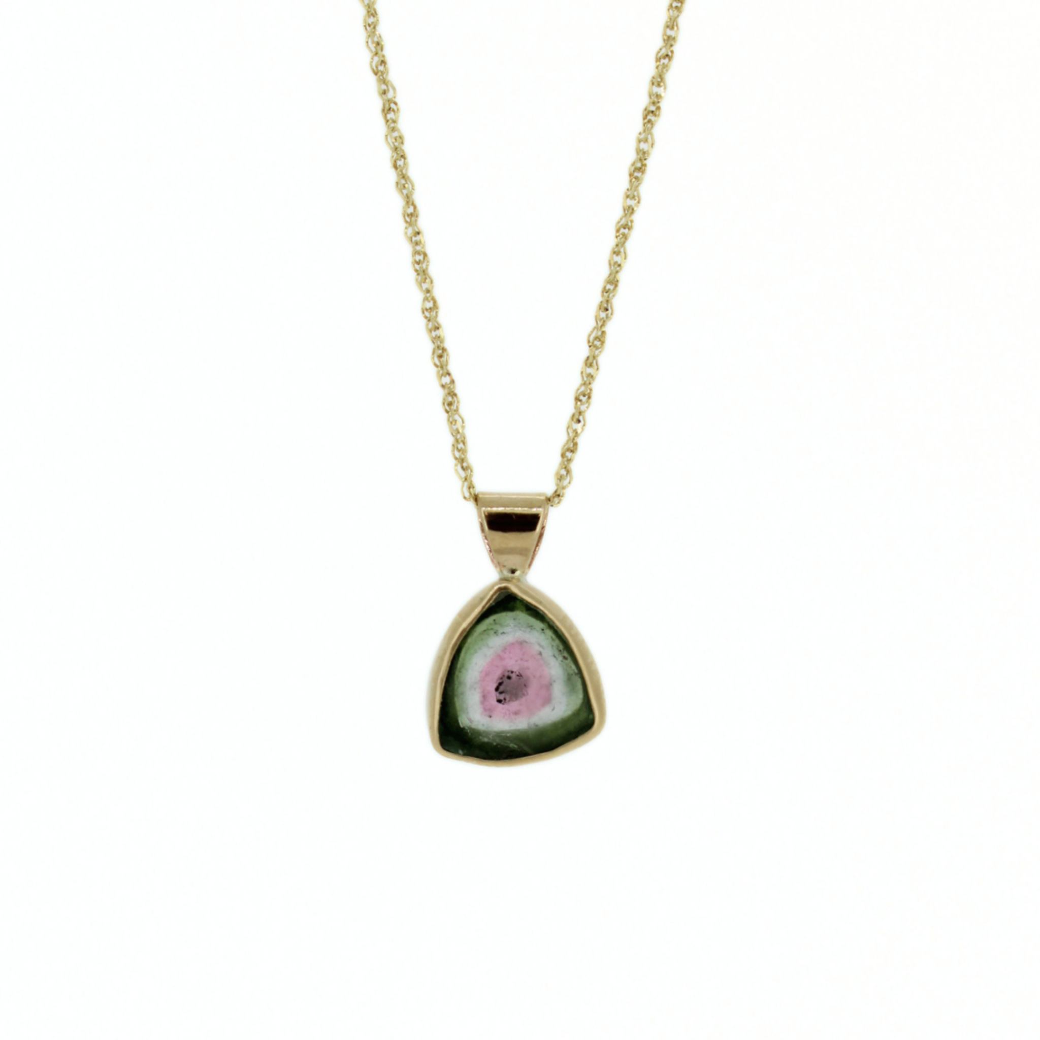 14k gold watermelon tourmaline pendant necklace with teardrop pink stone bezel