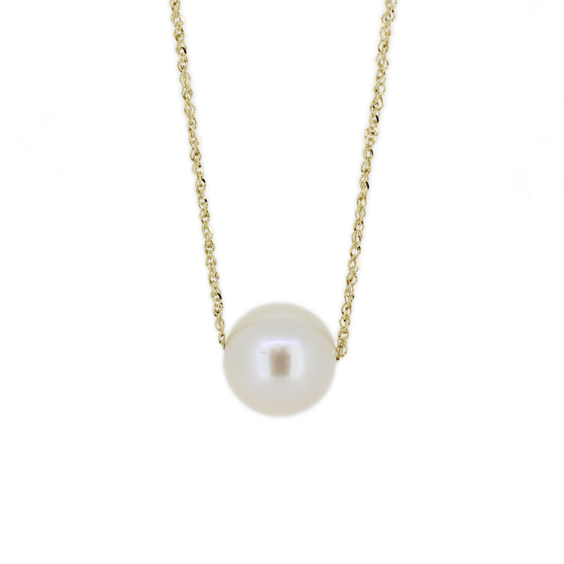 Brianne & Co. 14k gold floating white Edison pearl necklace handmade on Kauai, Hawaii