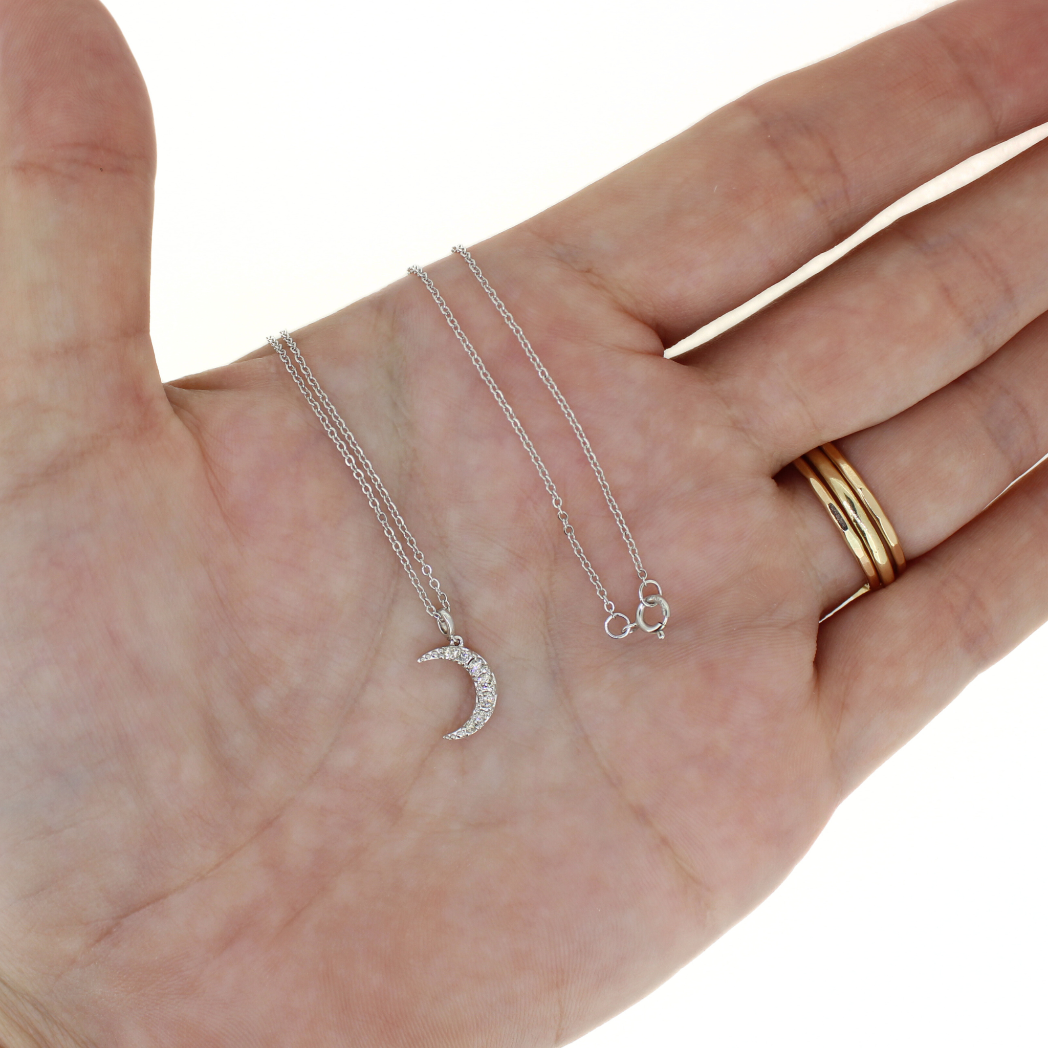 Brianne & co. 14k white gold diamond moon necklace with a dainty 18" white gold cable chain