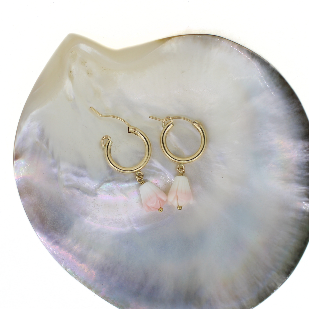 Gold Fill Pikake Flower Conch Shell Hoops 15mm