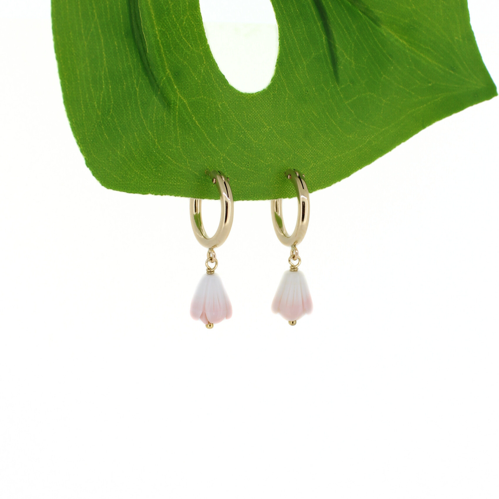 Brianne & Co. 14k gold fill 15mm hoop earrings with pink and white conch shell pikake flowers