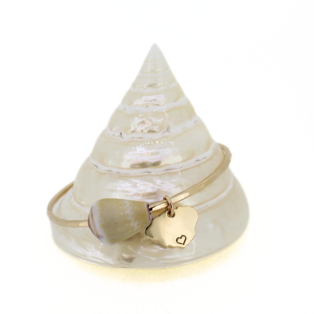 14k gold fill hammered bangle bracelet with a Kauai cone shell and Kauai island charm handmade by Brianne & Co. 