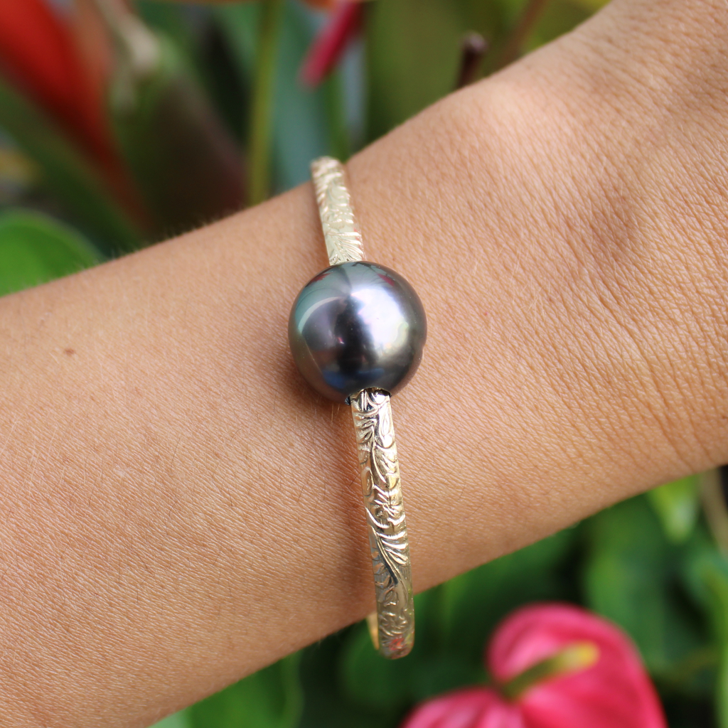 Gold Fill Large Tahitian Pearl Size 8 Heirloom Style Bangle