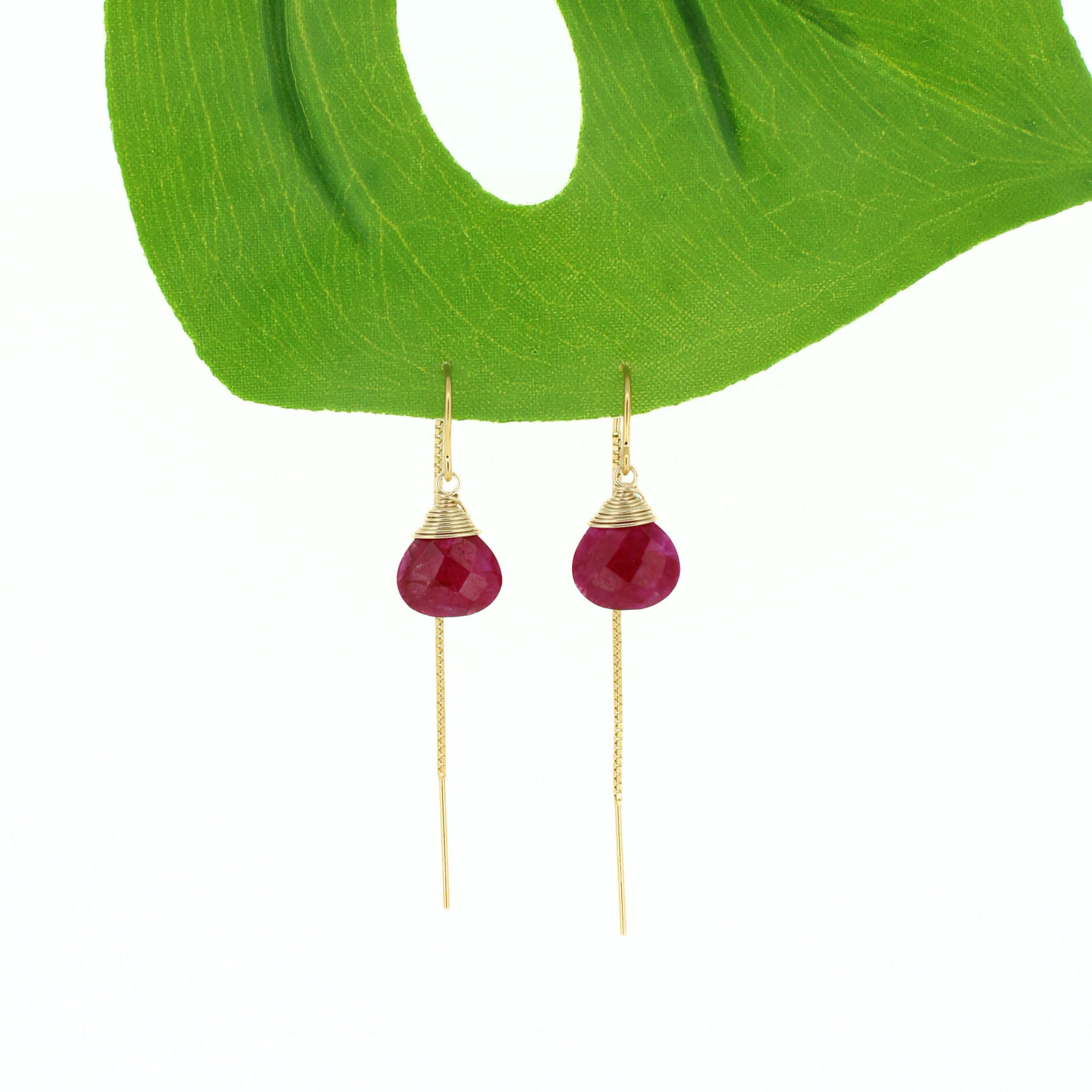 Brianne & Co. 14k gold fill threader earrings with faceted ruby gemstones