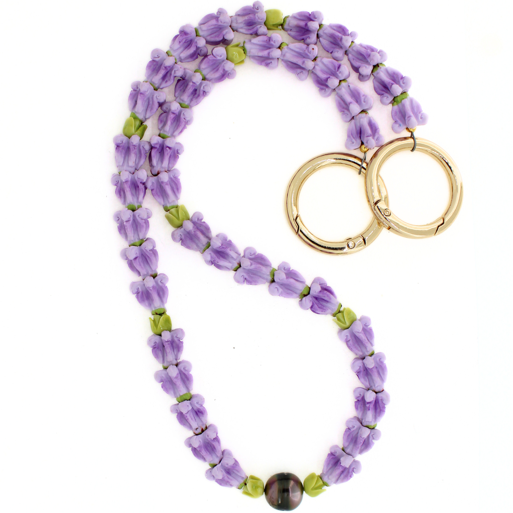 Brianne & Co. purple crown flower Tahitian pearl long lei for your purse