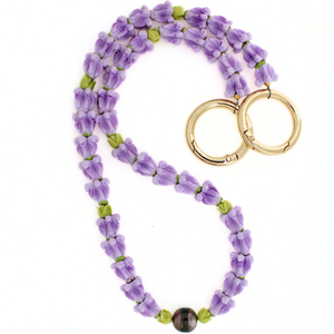 Brianne & Co. purple crown flower Tahitian pearl long lei for your purse