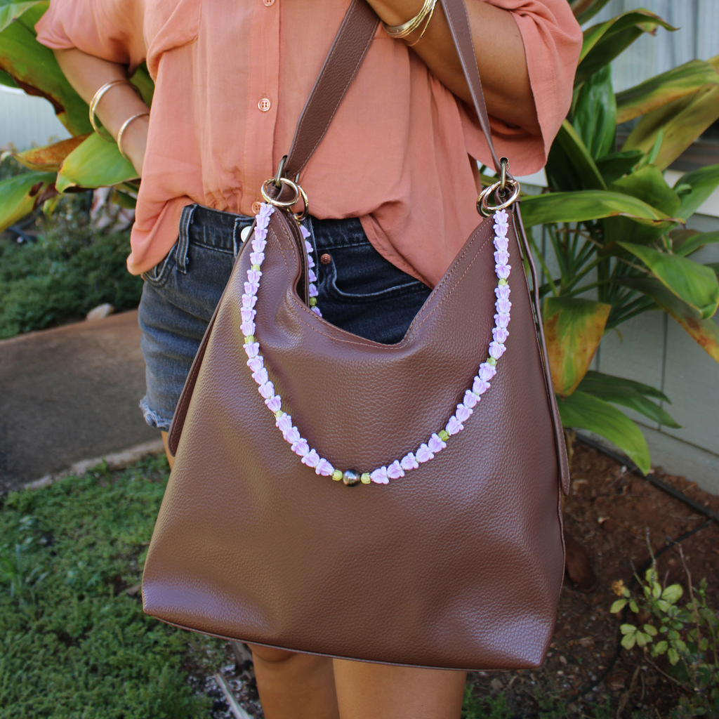 Purple Crown Flower & Pakalana Long Purse Lei with Tahitian Pearl