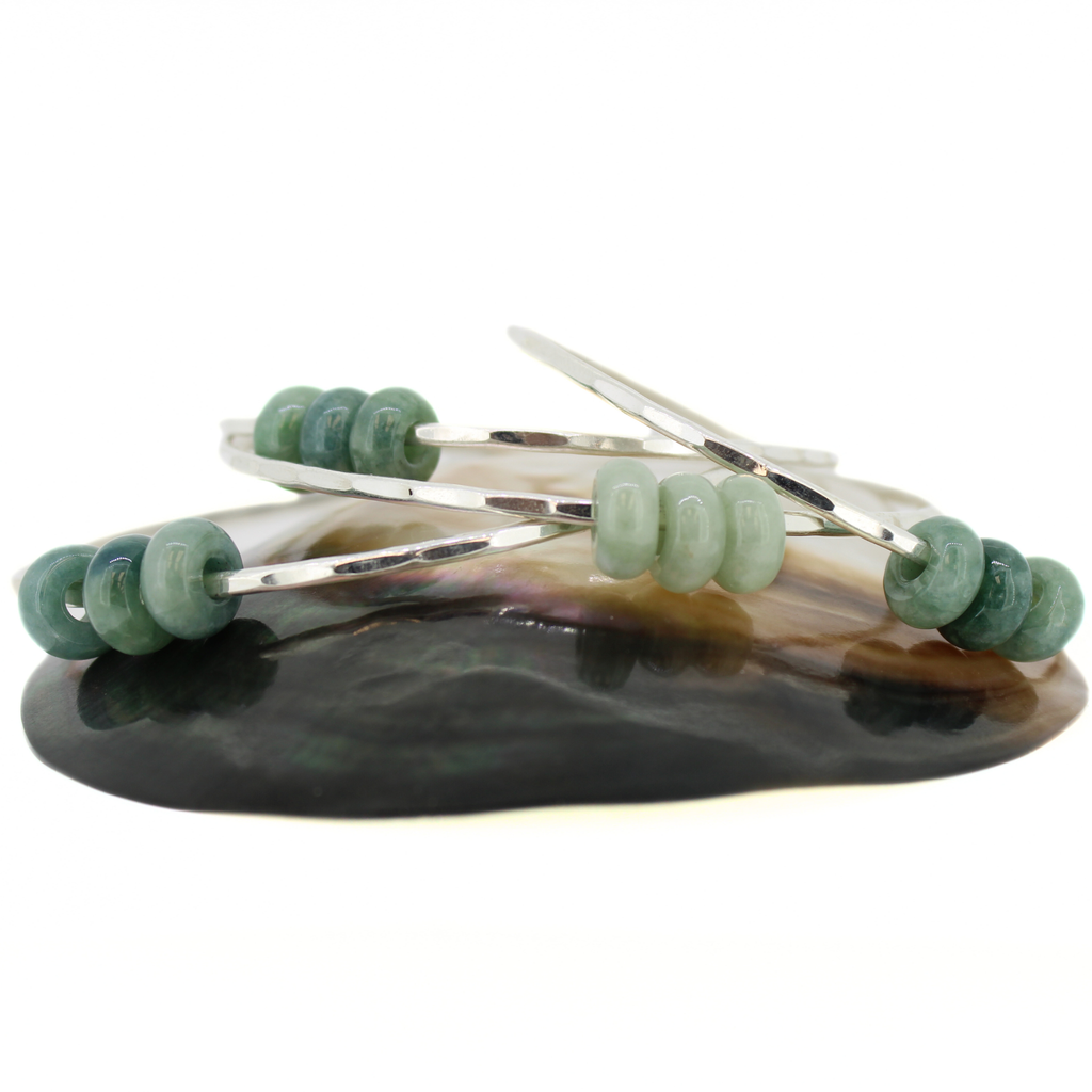 Sterling Silver Green Three Jade Donut Bangle