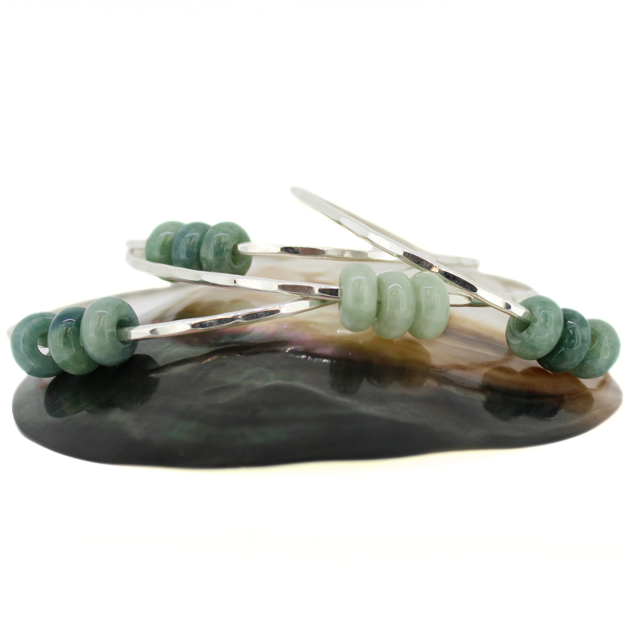 Sterling Silver Green Three Jade Donut Bangle